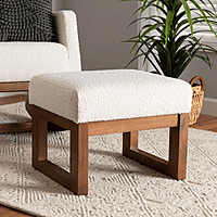 Modern White Bouclé Ottoman | Rectangular Wood Base Vanity Stool