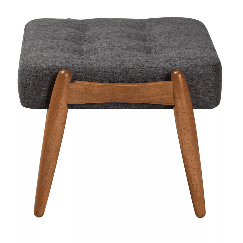 Mid-Century Modern Dark Grey Fabric Ottoman - Tufted Wood Footstool Mid-Century Modern Dark Grey Fabric Ottoman - Tufted Wood Footstool
