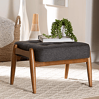 Mid-Century Modern Dark Grey Fabric Ottoman - Tufted Wood Footstool Mid-Century Modern Dark Grey Fabric Ottoman - Tufted Wood Footstool