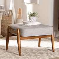 Rio Ottoman – Natural Linen with Sculpted Walnut Legs