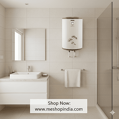 Ivory gold Usha 35 liter water heater with power and heating indicator lights.