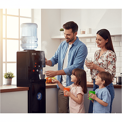 Front view of the stylish Atlantis Blaque dispenser, highlighting its three separate water taps. Front view of the stylish Atlantis Blaque dispenser, highlighting its three separate water taps.