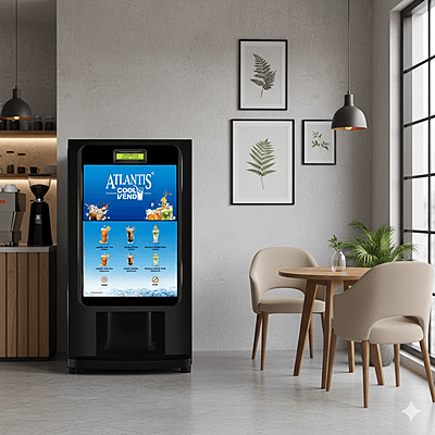A person instantly dispensing a chilled beverage from the Atlantis COOL Vend with a single touch. A person instantly dispensing a chilled beverage from the Atlantis COOL Vend with a single touch.