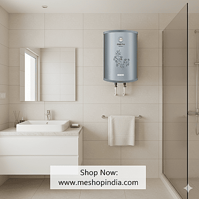 Indicator lights for power and heating on the Usha twinkling grey geyser.