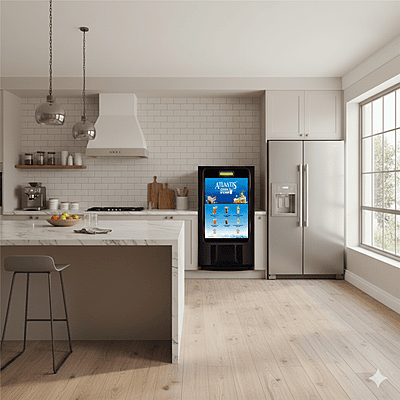 Atlantis Cool Vend-One Touch, Zero Wait Cold Beverage Vending Machine in Modern Kitchen. Atlantis Cool Vend-One Touch, Zero Wait Cold Beverage Vending Machine in Modern Kitchen.