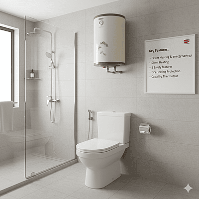 The sleek vertical design of the Usha Misty 35L ivory gold water heater.