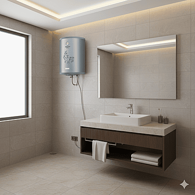 Usha 50L Misty water heater mounted on a modern bathroom wall.