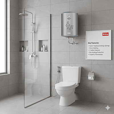 The Usha brand logo displayed on the twinkling grey water heater.