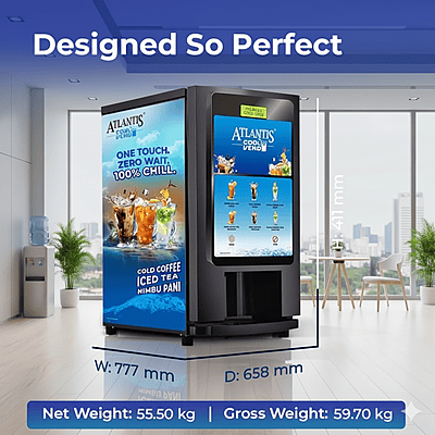 Dimension of Atlantis COOL Vend, showcasing its feather-touch buttons for six drink options. Dimension of Atlantis COOL Vend, showcasing its feather-touch buttons for six drink options.