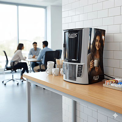 The trusted Atlantis brand logo on the front of the Compact Hot Beverage Vending Machine.   Sources