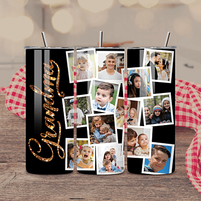 Custom Grandma 20 oz Photo Tumbler – Glam Black & Gold with 13 Photo Slots