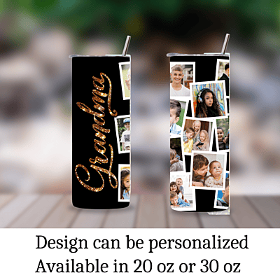 Custom Grandma 20 oz Photo Tumbler – Glam Black & Gold with 13 Photo Slots