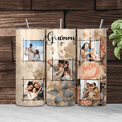 Custom Grammy 20 oz. Photo Tumbler – Muted Floral Design with 5 Photo Keepsake