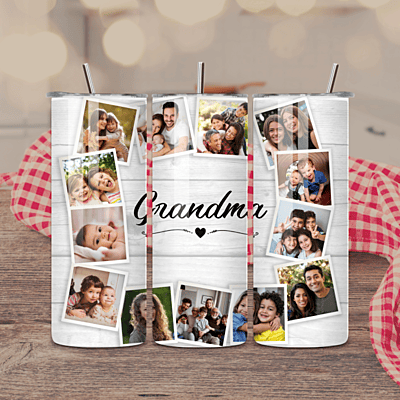 Custom Grandma 13 Photo Tumbler – Simple Woodgrain Design Photo Keepsake