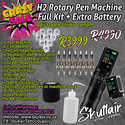 H2 Adjustable Stroke Length Wireless Tattoo Pen Full Kit