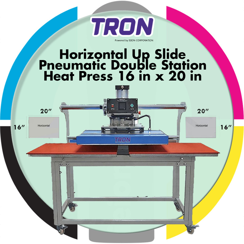 Tron Horizontal Up Slide Pneumatic Double Station Heat Press 20in x 16in Tron Horizontal Up Slide Pneumatic Double Station Heat Press 20in x 16in