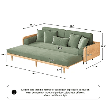 Convertible Modern Green Sofa Cum Bed with Wooden Frame & Cushions | 82x33x31 in (208x84x79 cm)