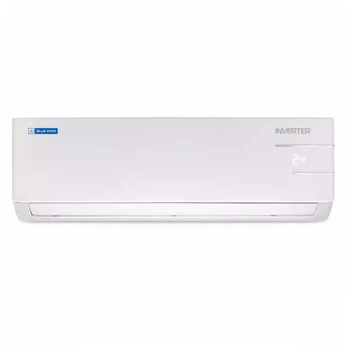 Close-up of the Blue Star Inverter Split AC indoor unit, showcasing its modern design and display. Close-up of the Blue Star Inverter Split AC indoor unit, showcasing its modern design and display.