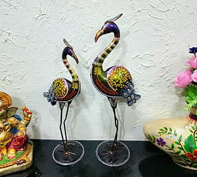 Handcrafted Metal Bird Sculptures Colorful Home Decor Pair Handcrafted Metal Bird Sculptures Colorful Home Decor Pair