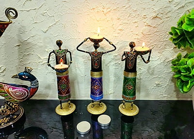 Handcrafted Tribal Tealight Holder Set – Rajasthani Folk Art Decor Trio Handcrafted Tribal Tealight Holder Set – Rajasthani Folk Art Decor Trio