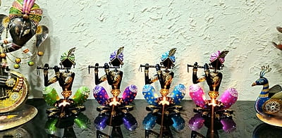 Handcrafted Tribal Flute Player Tealight Holders – Colorful Folk Art Set Handcrafted Tribal Flute Player Tealight Holders – Colorful Folk Art Set