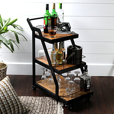 Industrial Bar Trolley with Wooden Shelves & Metal Frame – 3-Tier Portable Mini Bar Cart