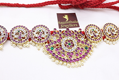 Margam Temple Jewellery - Copper One Gram Gold Finish & Real Kempstones Waistbelt/Oddiyanam/ Kamarbandh Margam Temple Jewellery - Copper One Gram Gold Finish & Real Kempstones Waistbelt/Oddiyanam/ Kamarbandh