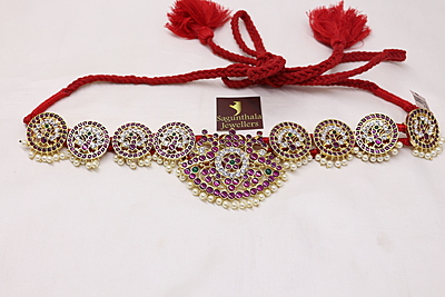 Margam Temple Jewellery - Copper One Gram Gold Finish & Real Kempstones Waistbelt/Oddiyanam/ Kamarbandh