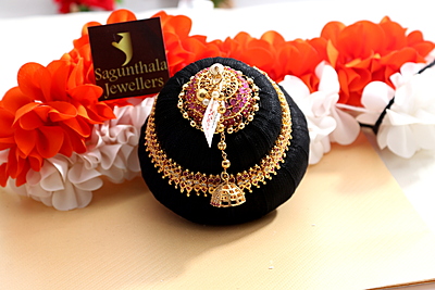 Andal Kondai - Ruby Stones With One Gram Gold Finish Ornamental Hair Accessory/Koppu Andal Kondai - Ruby Stones With One Gram Gold Finish Ornamental Hair Accessory/Koppu