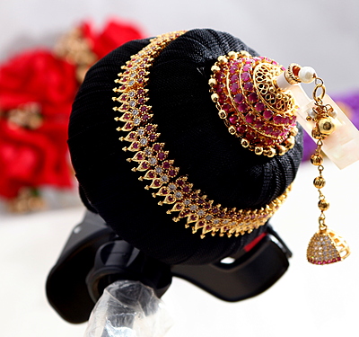 Andal Kondai - Ruby Stones With One Gram Gold Finish Ornamental Hair Accessory/Koppu