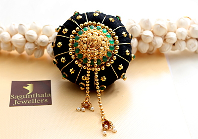 Andal Kondai - Full Green & Original Kempstones One Gram Gold Copper-made Ethnic Grandeur Hair Accessory Andal Kondai - Full Green & Original Kempstones One Gram Gold Copper-made Ethnic Grandeur Hair Accessory