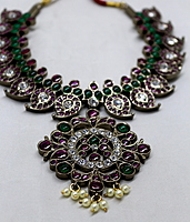 Margam Temple Jewellery โ Black Antique Finish Copper Base & Real Kempstones - Mango Pattern Necklace Margam Temple Jewellery โ Black Antique Finish Copper Base & Real Kempstones - Mango Pattern Necklace