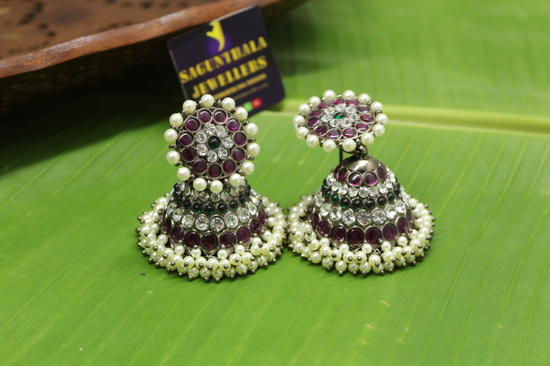 5-Line black antique Kempstone Bridal Jhumka Earrings with Pearls – Premium Temple Jewellery