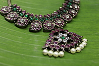 Black Antique Temple Necklace with Ruby & Green Stones