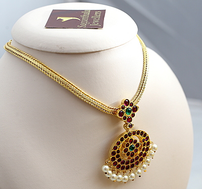 Margam Temple Jewellery - One Gram Gold Finish Copper & Real Kempstones Attiga/Attigai/Addige/Choker Margam Temple Jewellery - One Gram Gold Finish Copper & Real Kempstones Attiga/Attigai/Addige/Choker