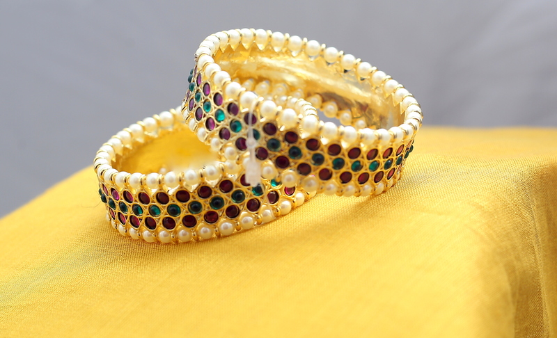 Margam Temple Jewellery - One Gram Gold Finish Copper & Real Kempstones Bangles - Pair of Two - Size 2.4 Margam Temple Jewellery - One Gram Gold Finish Copper & Real Kempstones Bangles - Pair of Two - Size 2.4
