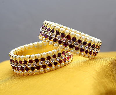 Margam Temple Jewellery - One Gram Gold Finish Copper & Real Kempstones Bangles - Pair of Two