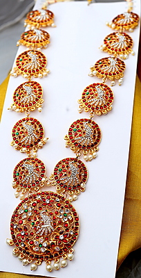 Temple Jewellery - Peacock Pattern Full Kempstones Haram Temple Jewellery - Peacock Pattern Full Kempstones Haram