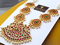Temple Jewellery Pearls Haram with Kempstones Pendant β Traditional Temple Jewellery Pearls Haram with Kempstones Pendant β Traditional