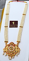 Temple Jewellery Pearls Haram with Kempstones Pendant | Bridal, Bharatanatyam, Kuchipudi Temple Jewellery Pearls Haram with Kempstones Pendant | Bridal, Bharatanatyam, Kuchipudi