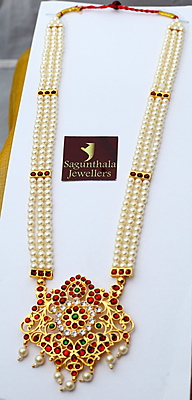 Temple Jewellery Pearls Haram with Kempstones Pendant | Bridal, Bharatanatyam, Kuchipudi Temple Jewellery Pearls Haram with Kempstones Pendant | Bridal, Bharatanatyam, Kuchipudi