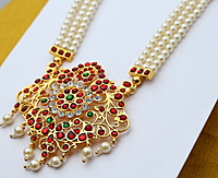 Temple Jewellery Pearls Haram with Kempstones Pendant | Bridal, Bharatanatyam, Kuchipudi Temple Jewellery Pearls Haram with Kempstones Pendant | Bridal, Bharatanatyam, Kuchipudi