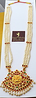 Temple Jewellery Pearls Haram with Kempstones goddess Lakshmi Pendant – Bridal & Dance Wear Temple Jewellery Pearls Haram with Kempstones goddess Lakshmi Pendant – Bridal & Dance Wear