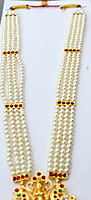 Brass Gold Finish Temple Haram with Artificial Kempstones & Pearls – Traditional Long Necklace Brass Gold Finish Temple Haram with Artificial Kempstones & Pearls – Traditional Long Necklace