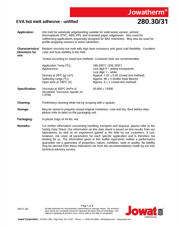 Jowat 280.30 EVA Hotmelt Adhesive-Unfilled (clear ) Jowat 280.30 EVA Hotmelt Adhesive-Unfilled (clear )