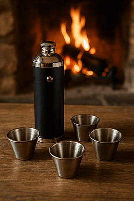 Sportsman Flask with Tot Cups Black Leather/Stainless.2 ONLY SKU #: KM10f23B. Sportsman Flask with Tot Cups Black Leather/Stainless.2 ONLY SKU #: KM10f23B.