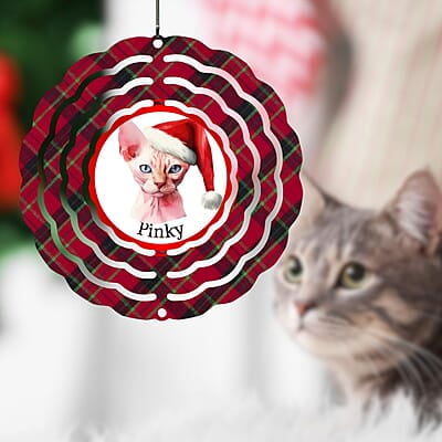 Breeds Starting with D Cat in Santa Hat Personalized 4" Wind Spinner Christmas Ornament Pet Gift