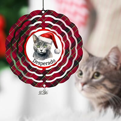 Breeds Starting with J - L Cat in Santa Hat Personalized 4" Wind Spinner Christmas Ornament Pet Gift