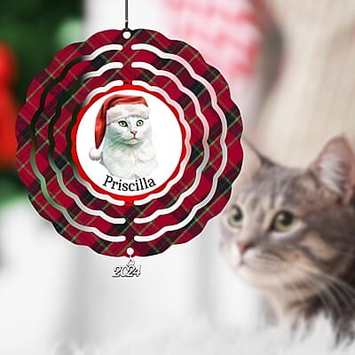 Breeds Starting with O - R Cat in Santa Hat Personalized 4" Wind Spinner Christmas Ornament Pet Gift