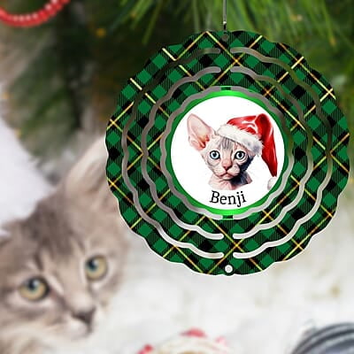 Breeds Starting with B Cat in Santa Hat Personalized 4" Wind Spinner Christmas Ornament Pet Gift